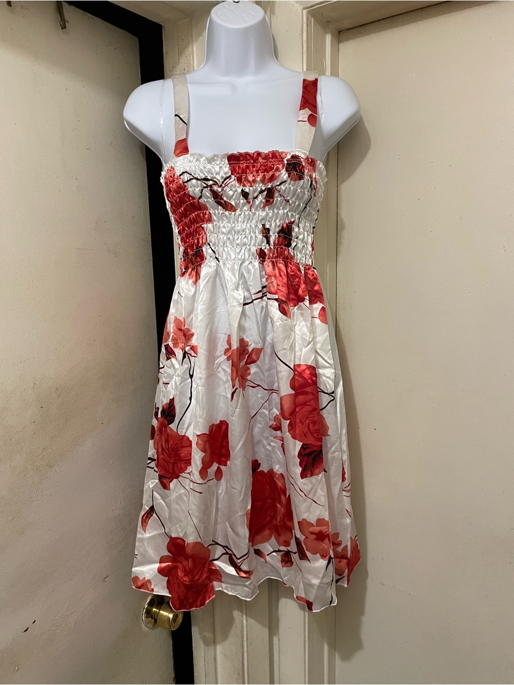 White Mini Sundress with Red Floral Print Size XL